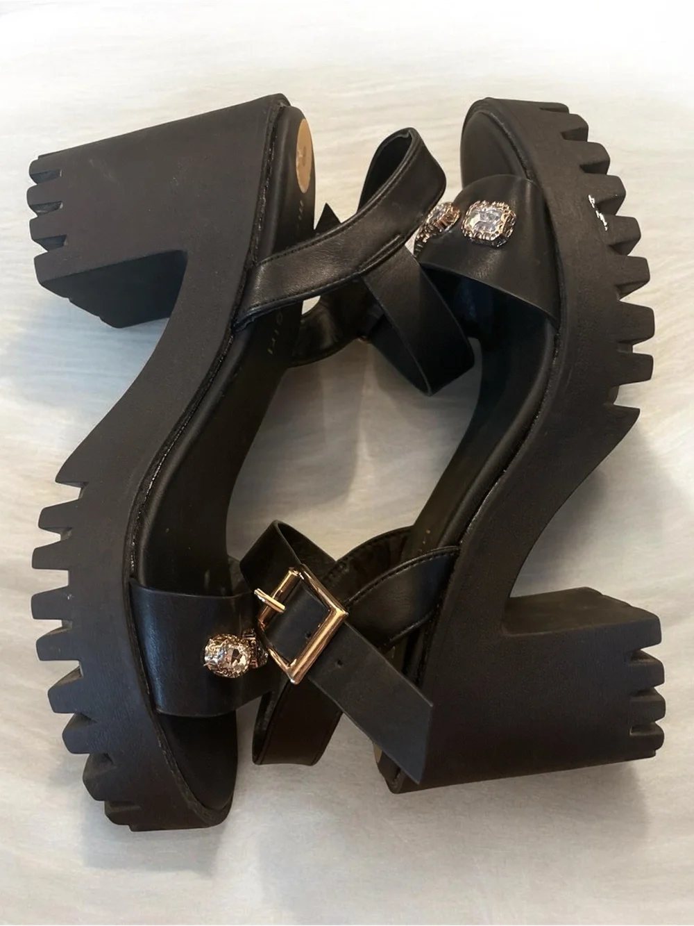 Madden Girl Black Gem-Embellished Lug Platform Sandals